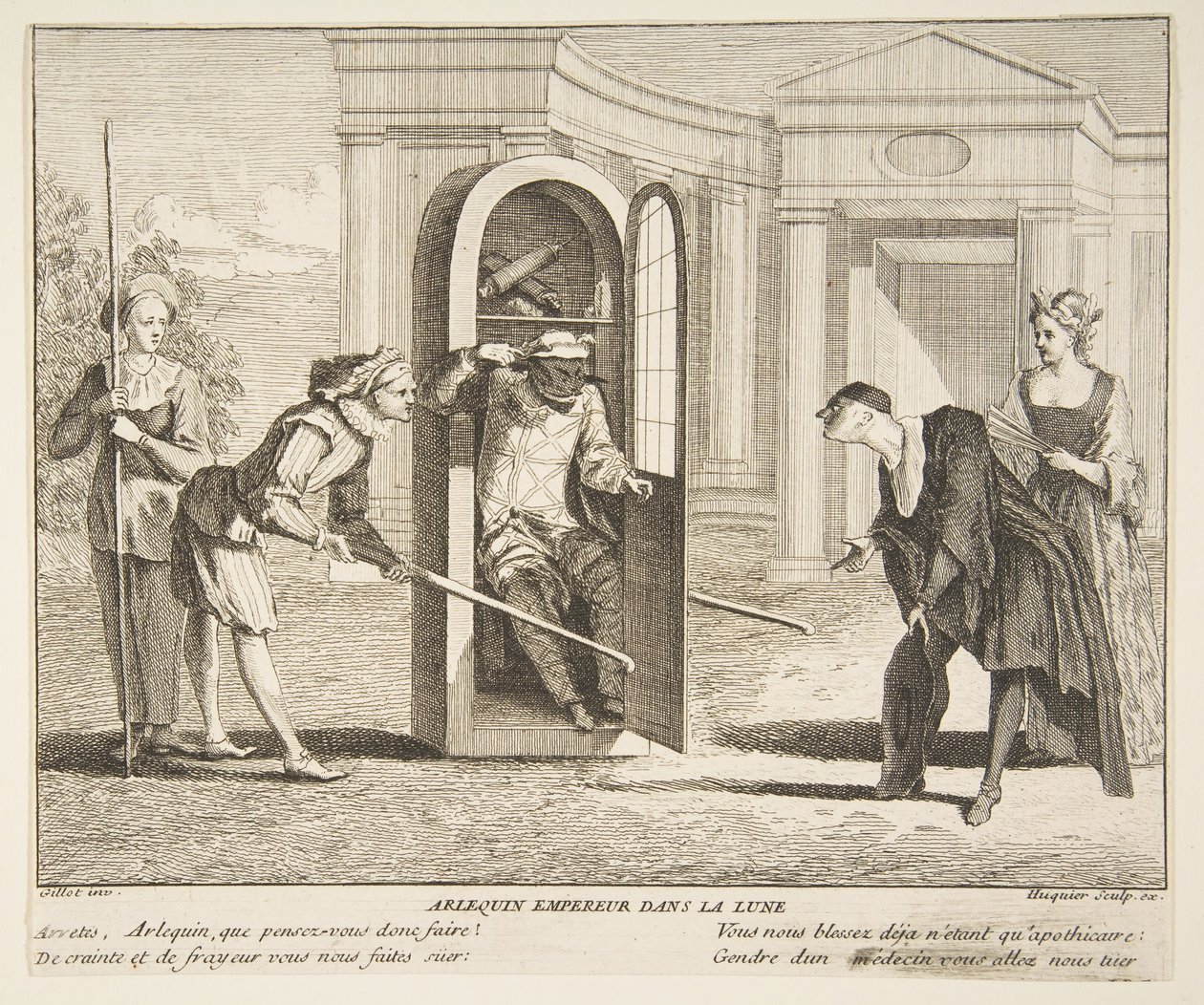 Harlekin, Kaiser auf dem Mond, n.d. von Claude Gillot, Jacques Gabriel Huquier