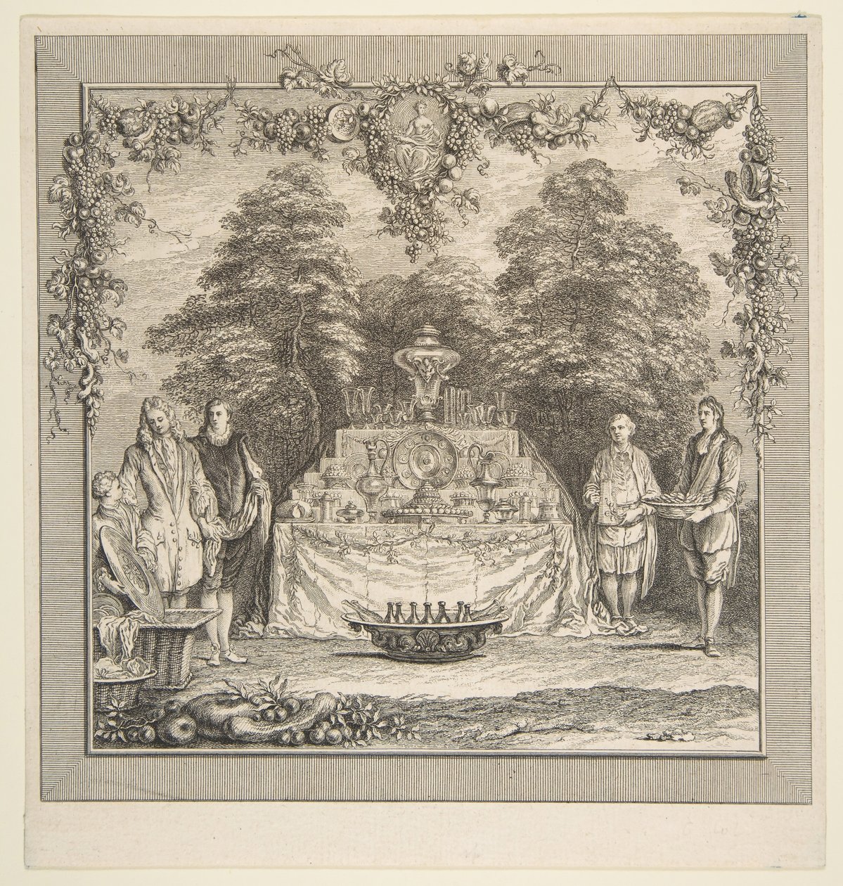 La Colation preparee dans un jardin von Claude Gillot, Jacques Gabriel Huquier
