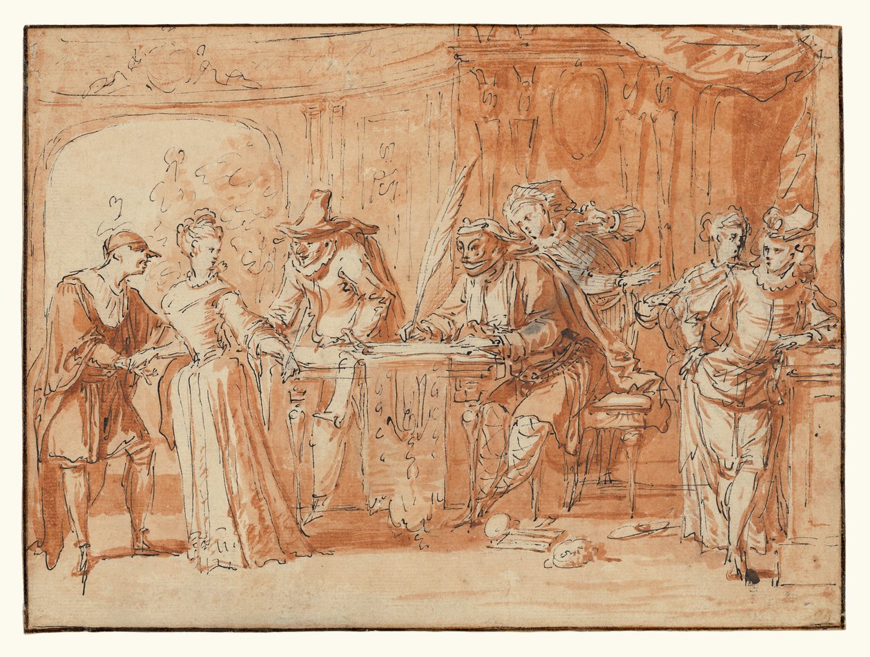 Szene aus der italienischen Komödie (recto); Figurenstudie (verso) von Claude Gillot