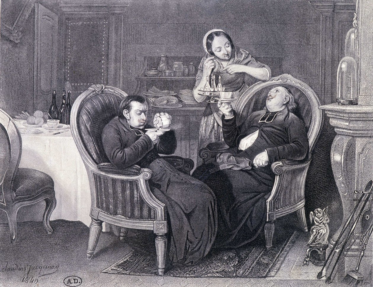 Nach dem Essen: Zwei Priester trinken Kaffee und Verdauungsschnaps, serviert von ihrer Magd von Claude Jacquand
