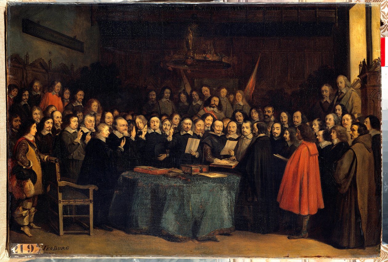 Der Westfälische Frieden, die Vereidigung nach der Ratifizierung des Friedens zwischen den Spaniern und den Niederländern im Rathaus von Münster am 15.05.1648. Sie beendeten den Dreißigjährigen Krieg. von Claude Jacquand