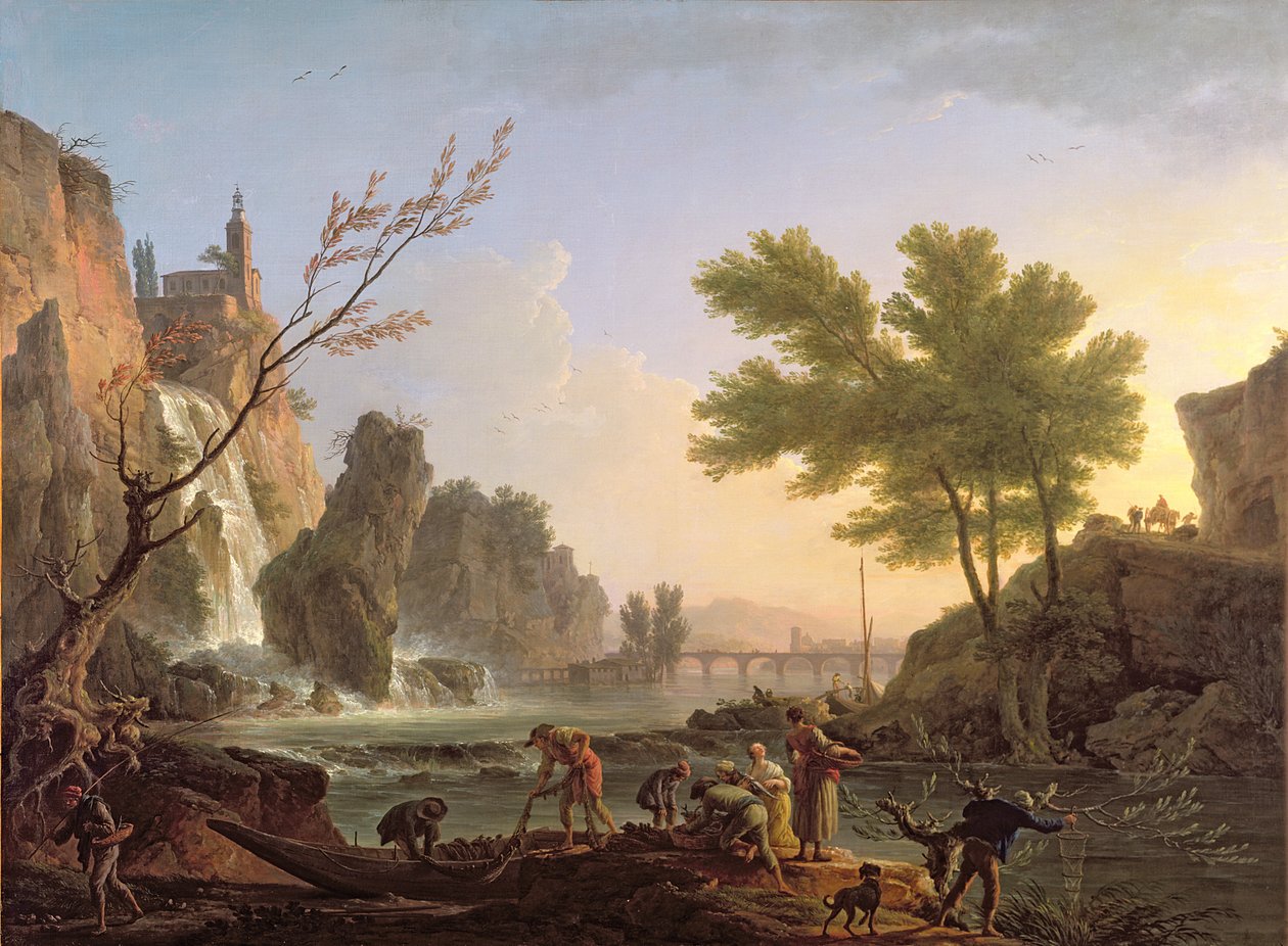 Fischer in einer Landschaft mit Wasserfall und Brücke von Claude Joseph Vernet