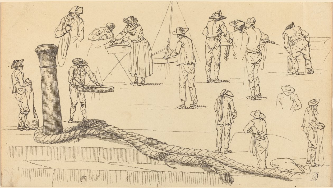 Kai-Figuren und ein Seil, das an einem Poller befestigt ist von Claude Joseph Vernet