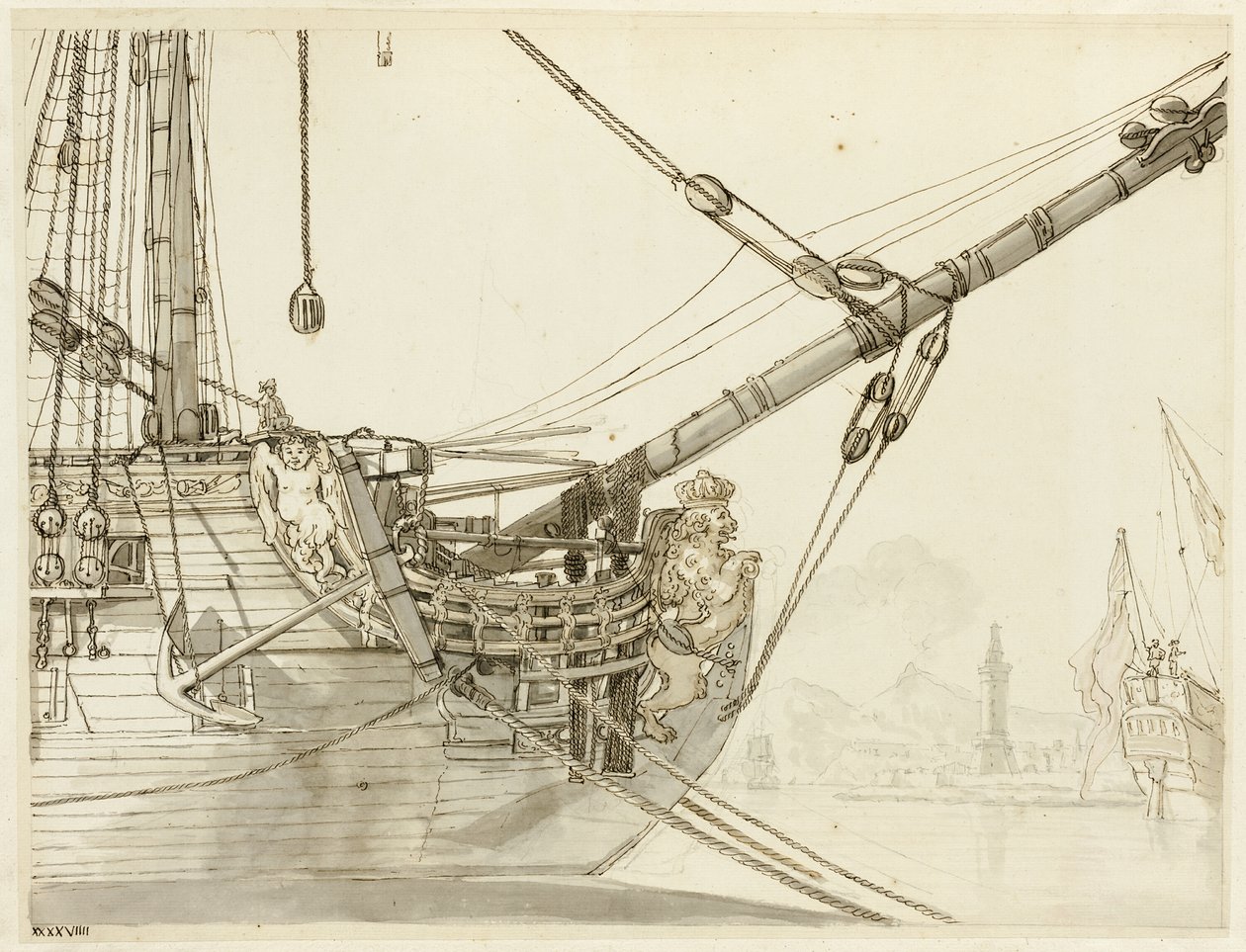 Studie eines Kriegsschiffbugs mit britischen Kriegsschiffen und Hafen von Neapel im Hintergrund von Claude Joseph Vernet