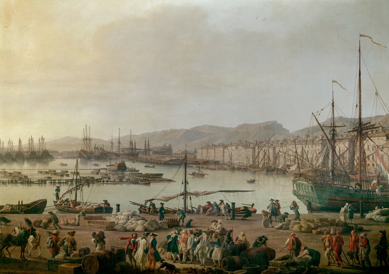 Ansicht des Hafens von Toulon. Detail, der alte Hafen, Ansicht vom Küstenbereich der Geschäfte. Gemälde von Joseph Vernet (1714-1789), 1756. Paris, Musée de la Marine - Ansicht des Seehafens von Toulon. Detail. Gemälde von Joseph Vernet (1714-1789), Öl auf von Claude Joseph Vernet