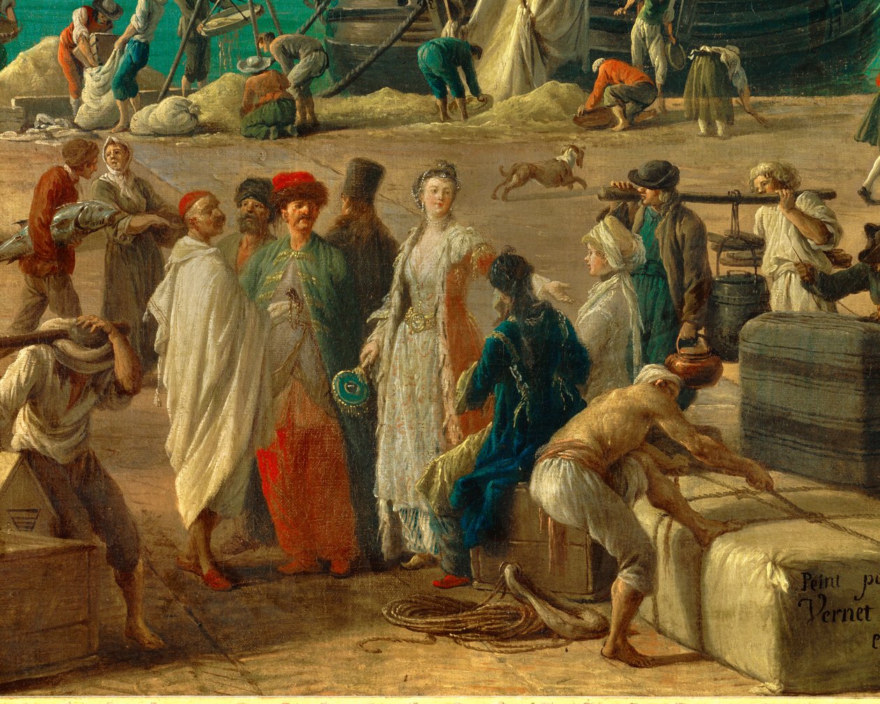 (Detail) Der Hafen von Marseille im 18. Jahrhundert. Detail der Entladung von Waren. Gemälde von Joseph Vernet von Claude Joseph Vernet