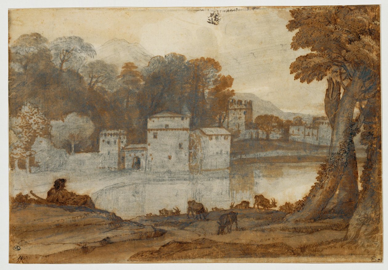 Hirte am Ufer eines Sees nahe einer befestigten Mühle von Claude Lorrain (1600 82)