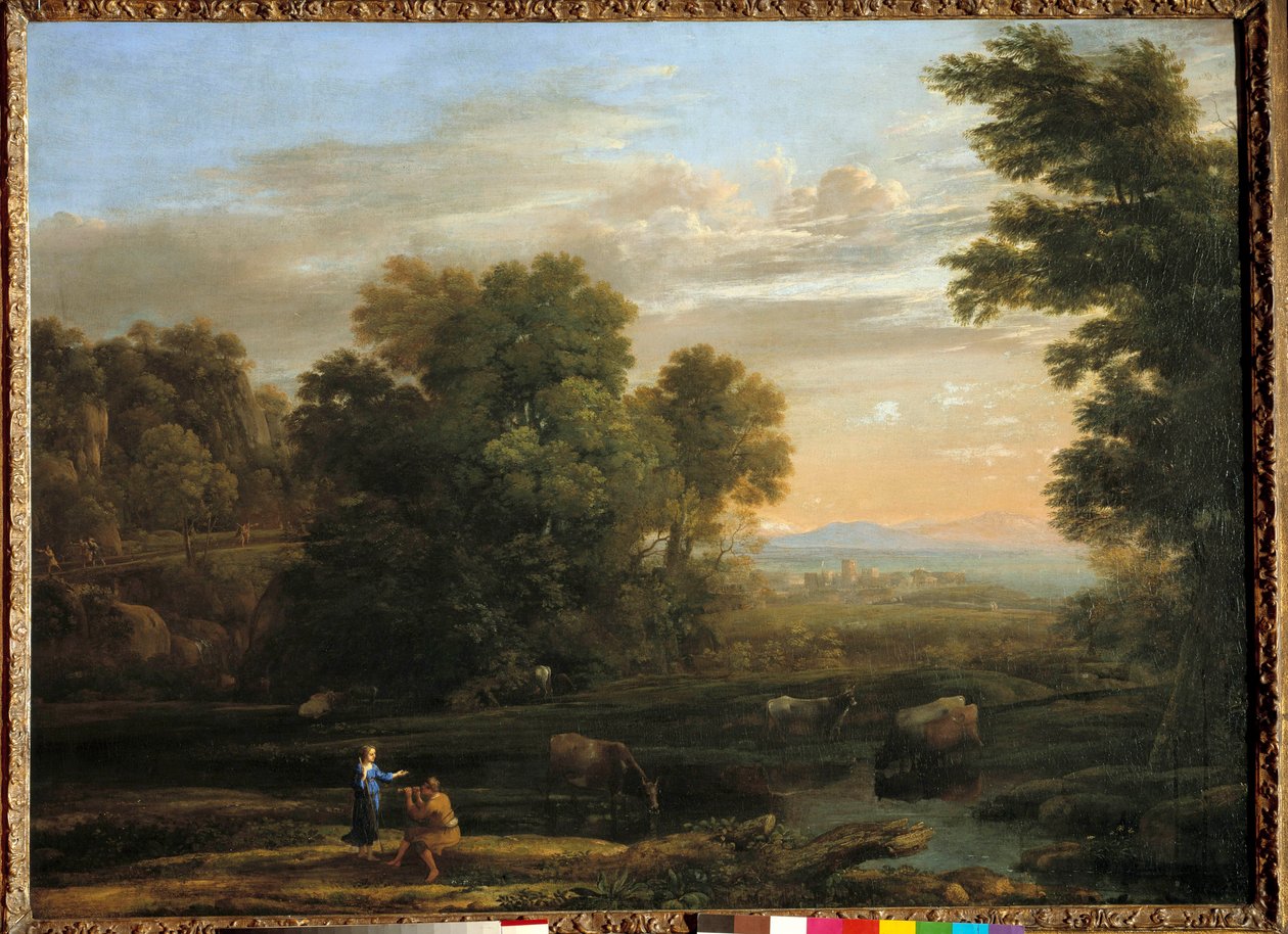 Landschaft mit Hirten, die die bukolische Szene Flageolett spielen. Gemälde von Claude Gellée, genannt der Lorrainer (1600-1682) 17. Jahrhundert. Private Sammlung von Claude Lorrain