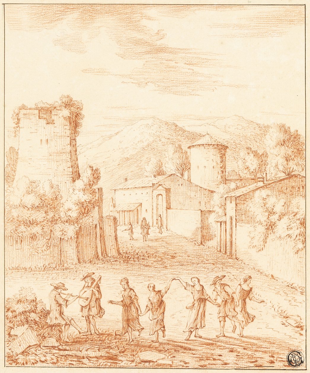 Tänzer und Musiker vor Dorf mit Ruinenturm von Claude Lorrain