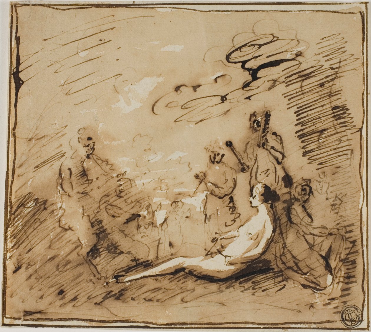 Nymphen und Satyrn spielen Musikinstrumente von Claude Lorrain