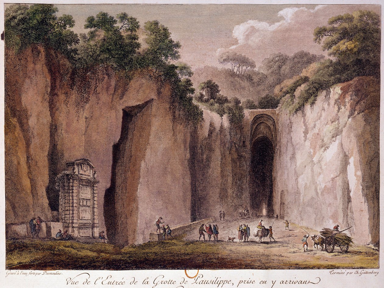 Blick auf die Höhle von Pausilippe (Posillipo) (oder „Grotta Vecchia“), in der Nähe von Neapel. Zeichnung von Chatelet von Claude Louis Chatelet