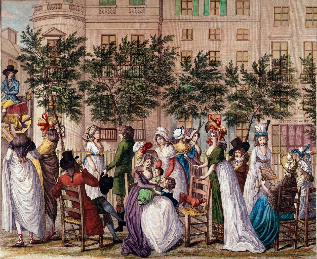 Mode unter dem Direktorium: „Le petit Coblenz“, die Promenade Boulevard des Italiens in Paris. Lithographie von Claude Louis Desrais (1746-1816) 1798. Paris, Musee Carnavalet von Claude Louis Desrais