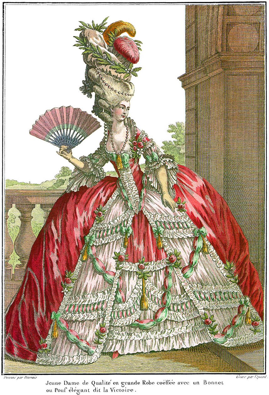 Französisches Hofkleid mit breiten Paniers, 1778 von Claude Louis Desrais