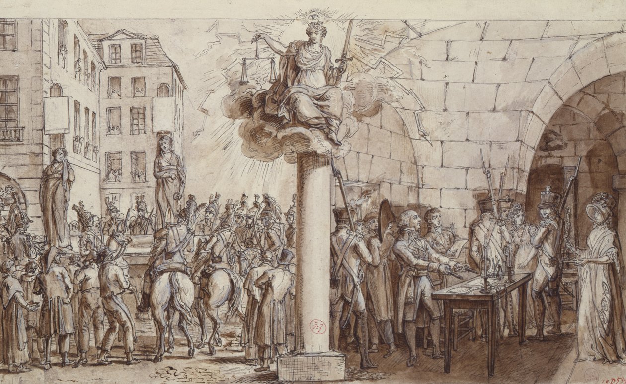 Die Witwe Morin und ihre Tochter Angelique Delaporte in der Conciergerie, bestraft mit öffentlicher Fesselung für das Verbrechen der Erpressung mit Gewalt von Unterschriften, 1812 von Claude Louis Desrais