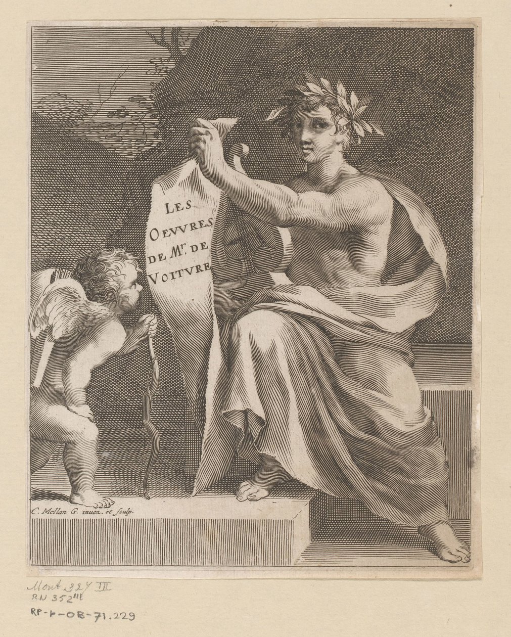 Apollo und ein Amor. Les Oeuvres de Mr. de Voiture (Titel auf dem Objekt). Titelblatt für: Vincent de Voiture, Les Oeuvres de Vincent de Voiture, 1650 von Claude Mellan