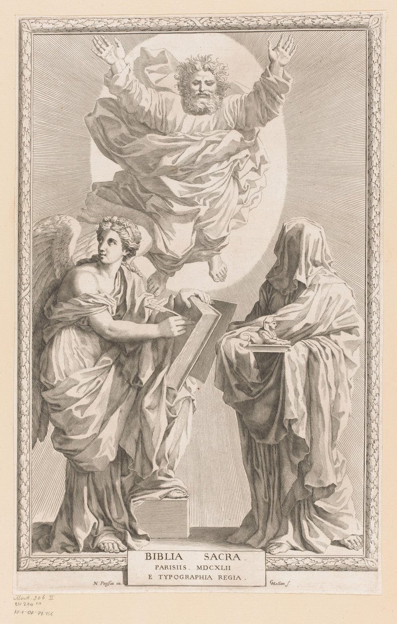 Gott mit Personifikation von Geschichte und Prophezeiung (Titelblatt für: Biblia Sacra, 1642) von Claude Mellan