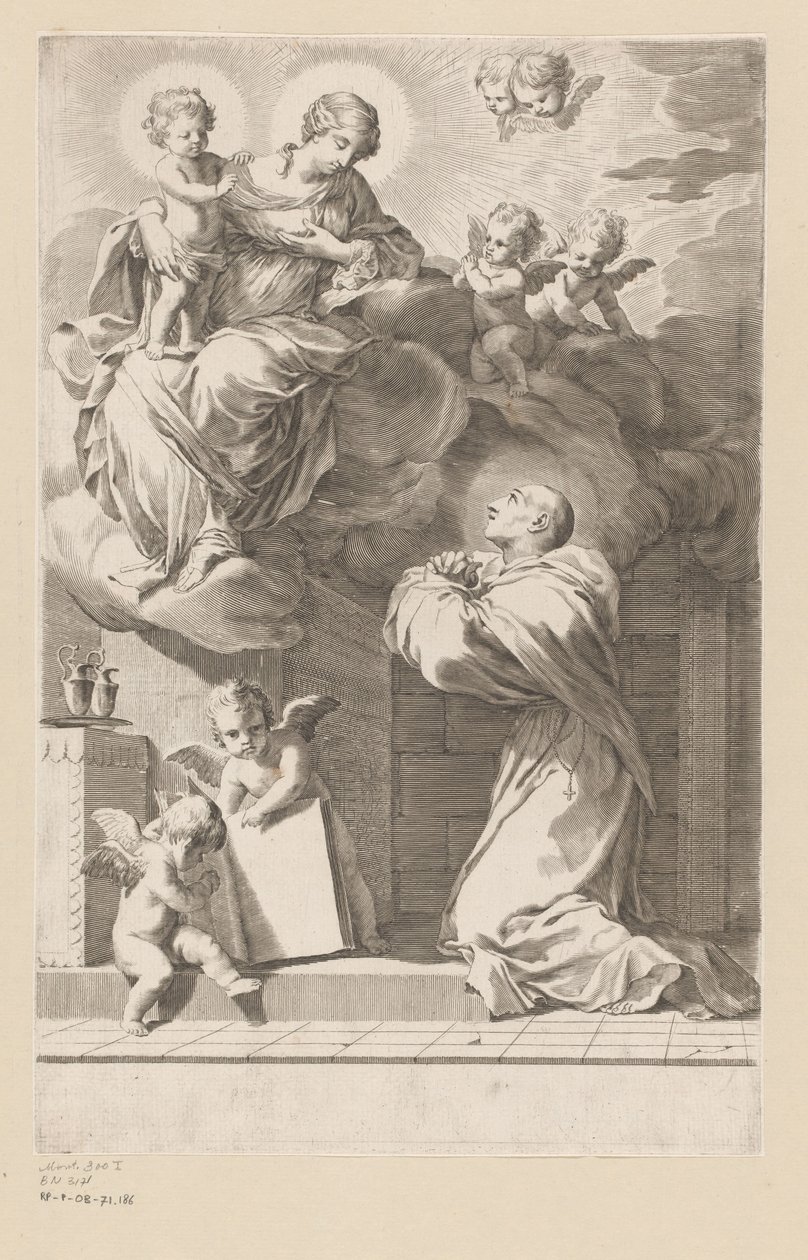 Hl. Bernhard kniend vor einer Erscheinung von Maria mit Kind Titelblatt für: Saint Bernardus, Divi Bernardi Abbatis (...), 1640 von Claude Mellan
