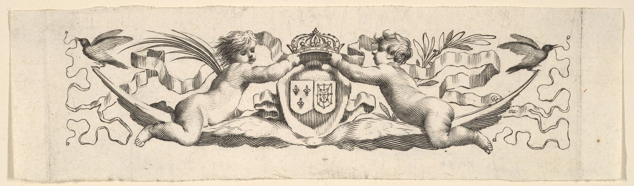 Kopfbedeckung: Zwei Kinder mit den Wappen von Frankreich und Navarra von Claude Mellan