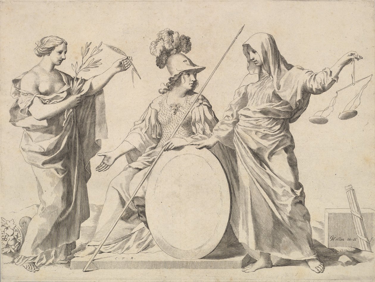 Minerva flankiert von Frieden und Gerechtigkeit Armoiries de Gallard et de Mesmes von Claude Mellan