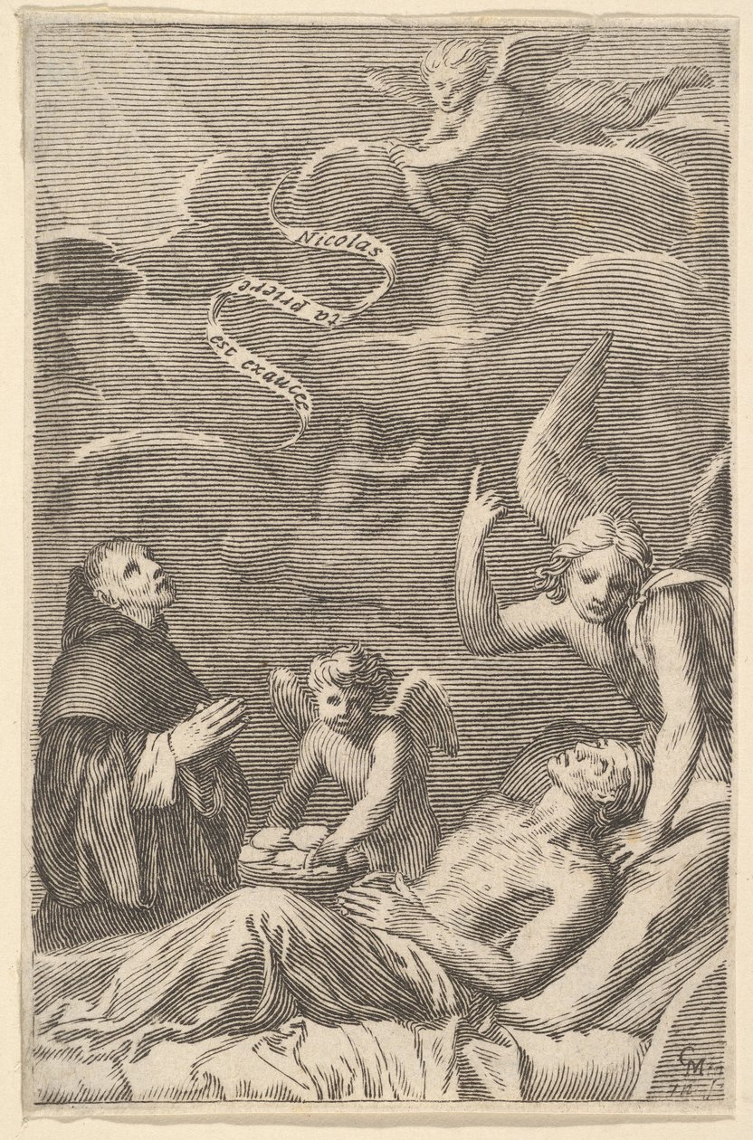 St. Nikolaus betet für einen sterbenden Mann von Claude Mellan