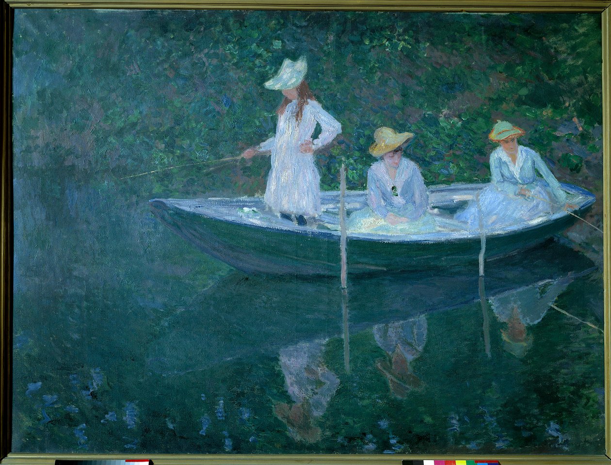 Boot in Giverny. Die Töchter von Madame Hoschede, zweite Frau des Künstlers, Germaine, Suzanne und Blanche, circa 1887. Porträts von Claude Monet