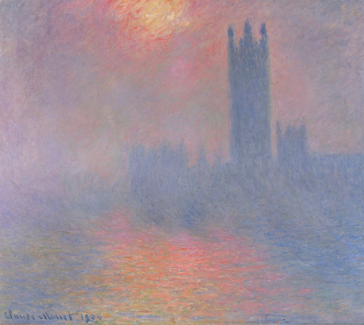 Die Houses of Parliament, London, mit der Sonne, die durch den Nebel bricht, 1904 von Claude Monet
