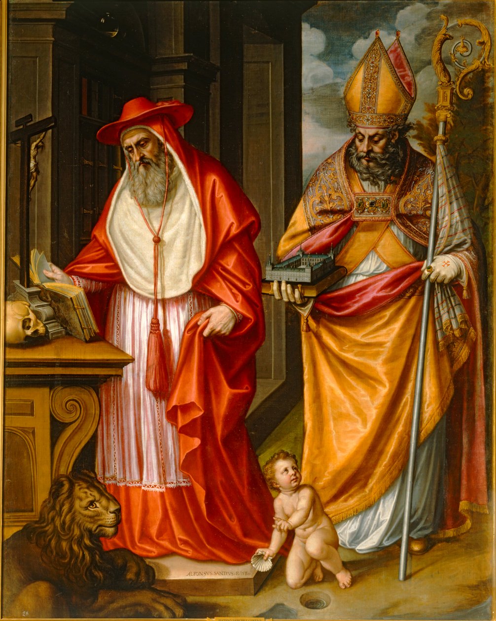 Heilige Hieronymus und Augustinus von Hippo, Kirchenväter, mit einem Modell des Escorial von Claudio Coello