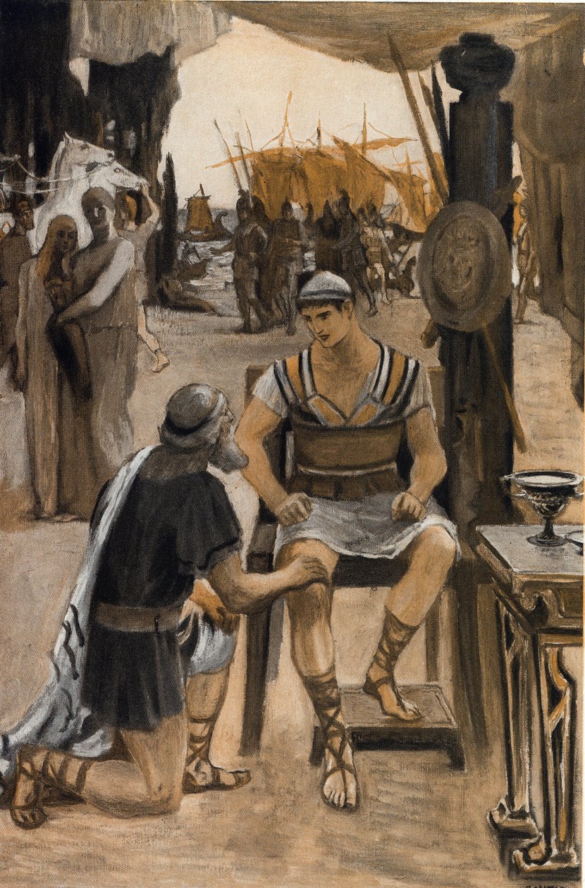 Priamos kauft Achilles den Leichnam seines Sohnes (Hektor) ab. Illustration von Clement Gontier (1876-1918) für Homers 