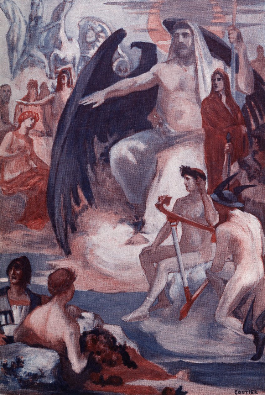 Die Verteidigung von Jupiter zur Rettung der Trojaner oder Griechen. Illustration von Clement Gontier für Homers 