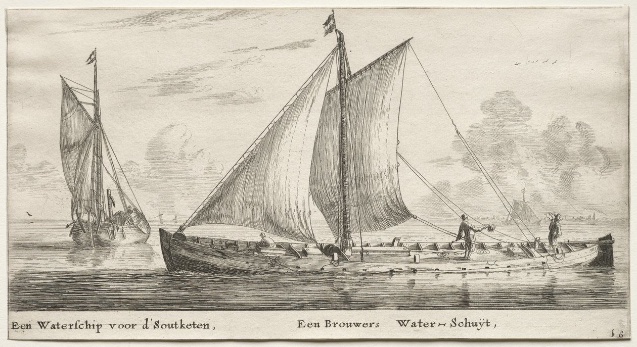 Verschiedene Schiffe und Ansichten von Amsterdam, Teil II: Ein Wasserschiff auf dem Weg zu den Soutketen. Ein Brauerwasserschiff von Clement de Jonghe