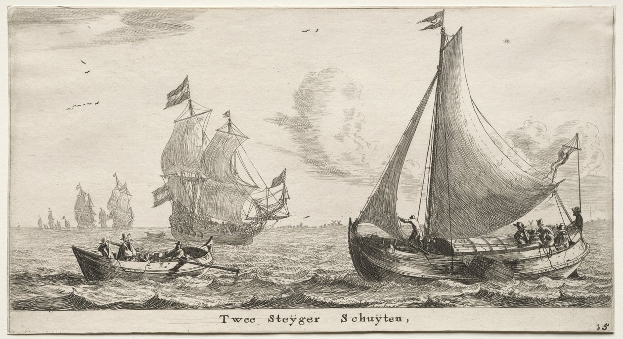 Verschiedene Schiffe und Ansichten von Amsterdam (Verscheffde Schepen en Gesichten van Amstelredam), Teil II: Zwei Pier-Boote von Clement de Jonghe