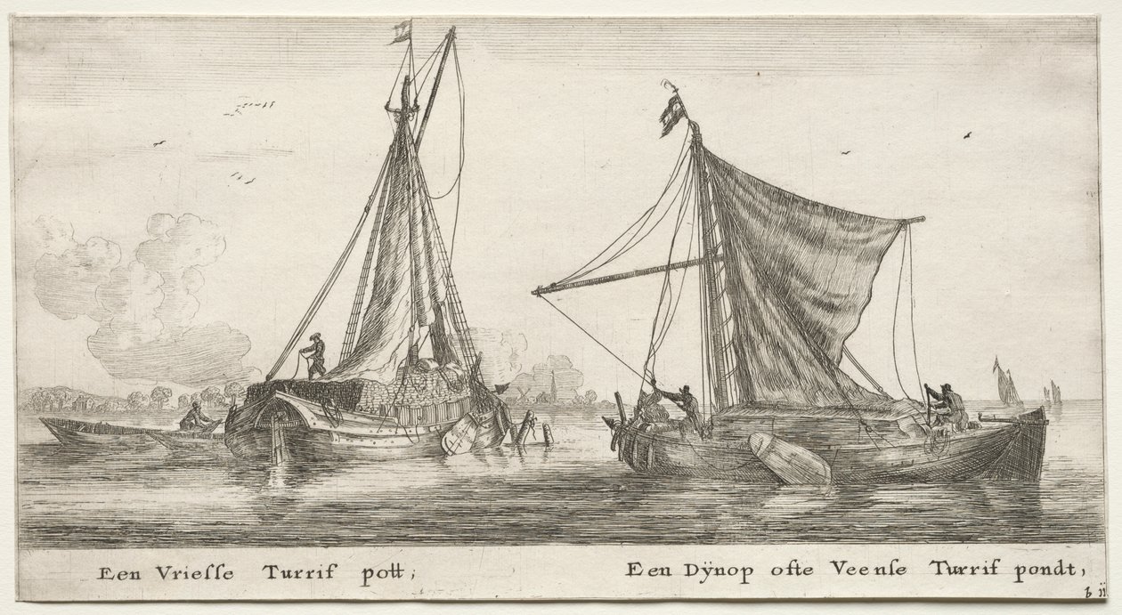 Verschiedene Schiffe und Ansichten von Amsterdam (Verscheyde Schepen en Gesichten van Amstelredam), Teil II: Ein friesischer Torfkahn. Der Dÿnop, nahe dem Veensche Torfteich von Clement de Jonghe