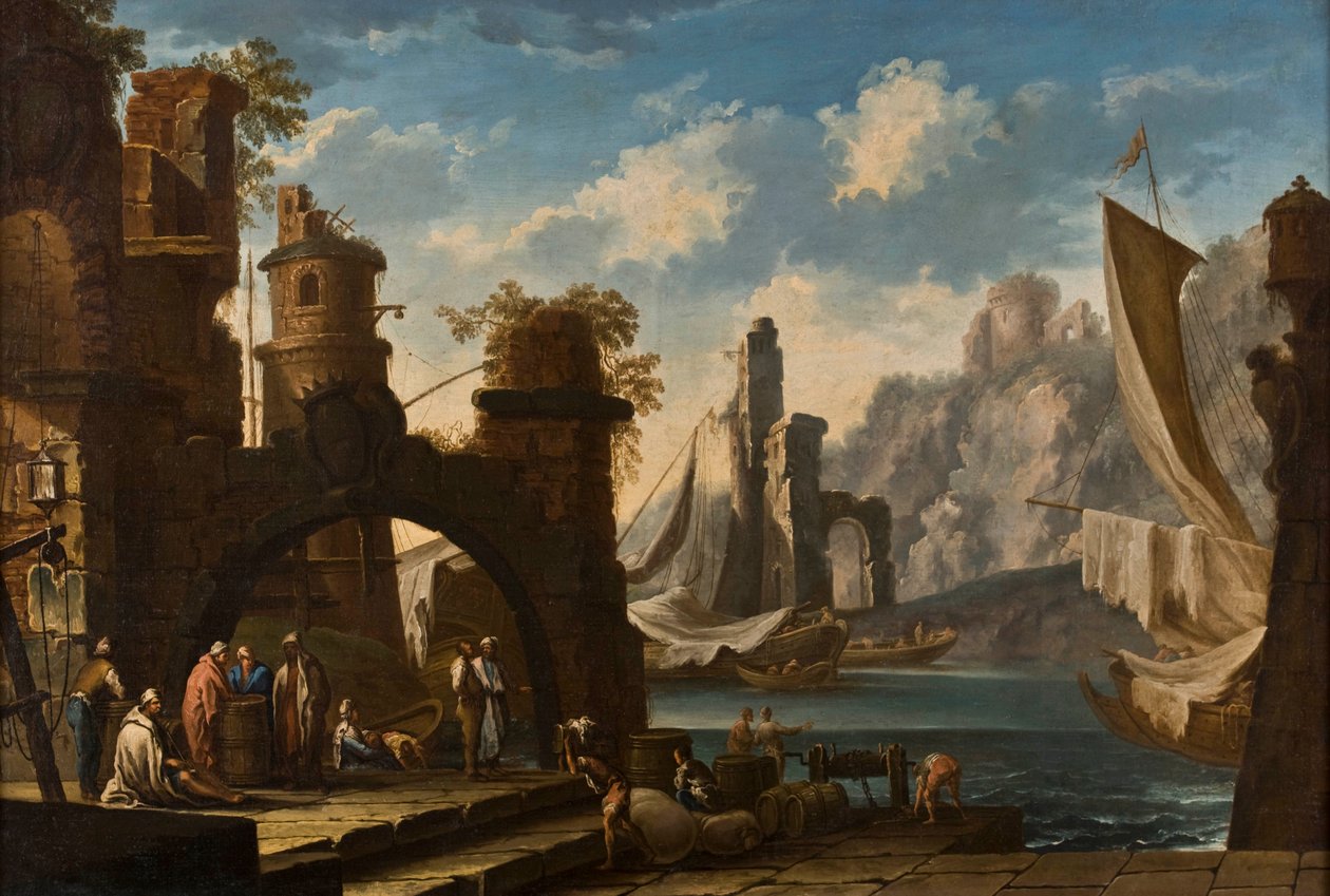 Mittelmeerhafen mit Schlossruinen, Schiffen und Figuren von Clemente Spera