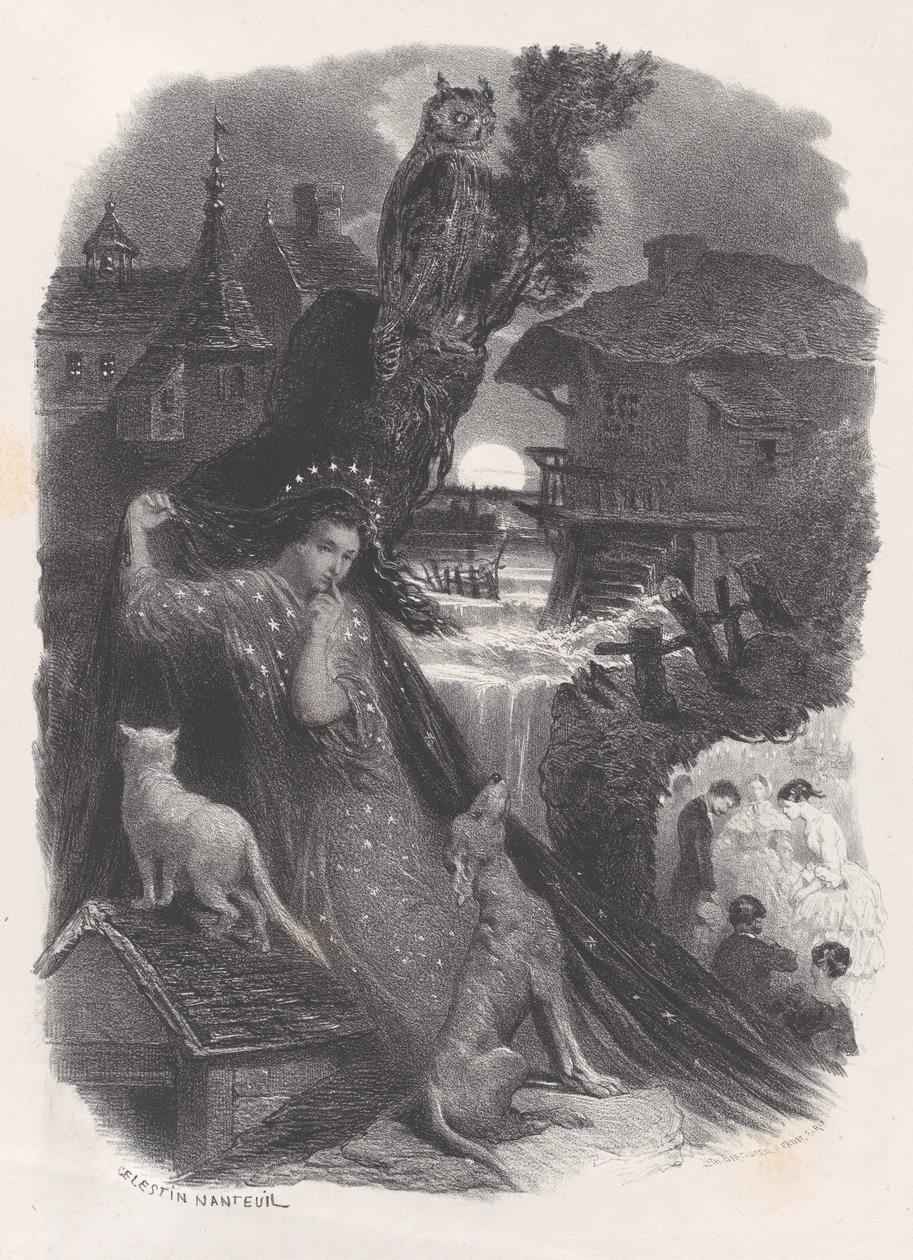 Nacht, Vignette eines Mädchens im Kostüm des 18. Jahrhunderts, das Rosen pflückt, ca. 1830-65 von Célestin Nanteuil