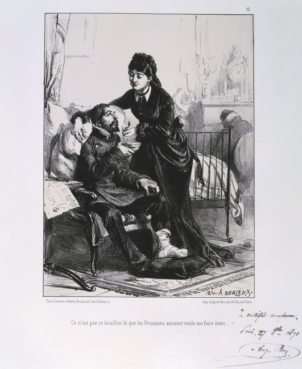 Deutsch-Französischer Krieg 1870-1871: Ein verwundeter Soldat wird gepflegt und genährt. Aus einer Serie von Lithografien von Clément Auguste Andrieux über die Nationalgarden. von Clément Auguste Andrieux