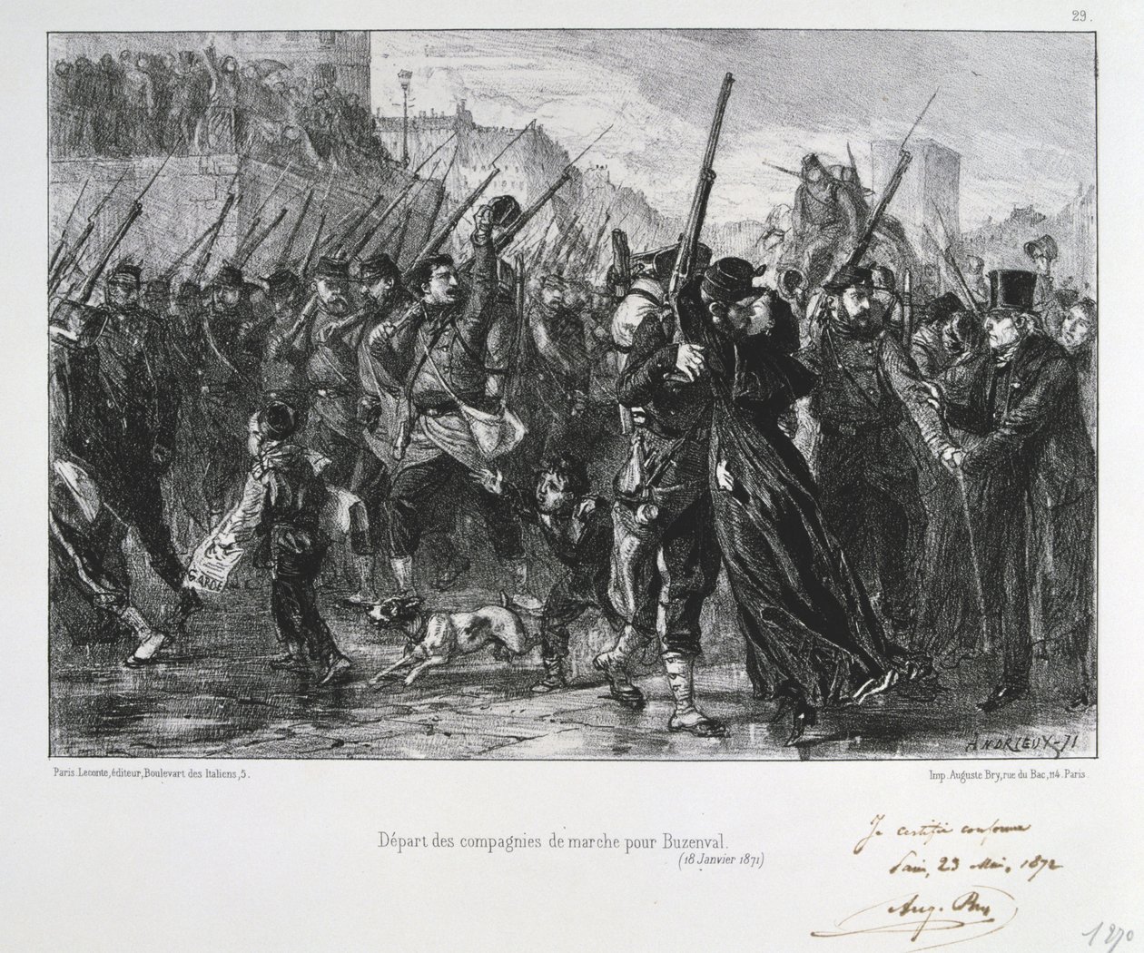 Deutsch-Französischer Krieg 1870-1871: Schlacht von Buzenval (Mont Valérien) bei Versailles am 19. Januar 1871. Nationalgarde marschiert zur Schlacht und Niederlage. Aus einer Serie von Lithografien von Clément Auguste Andrieux über die Nationalgarden. von Clément-Auguste Andrieux