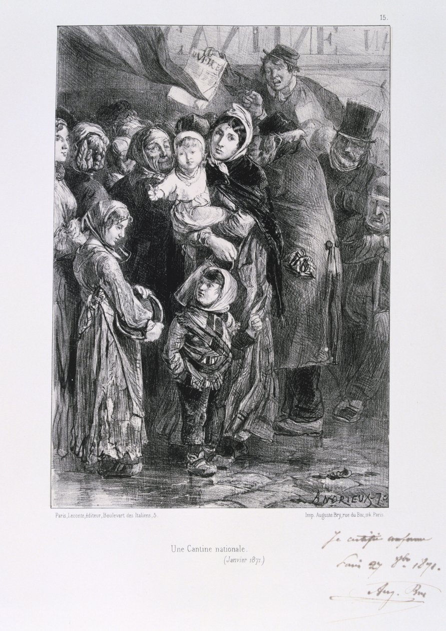 Französisch-Preußischer Krieg 1870-1871. Belagerung von Paris 19. Sept. 1870-28. Jan. 1871. Eine nationale Suppenküche in Paris, Januar 1871. Aus einer Serie von Lithografien von Clement August Andrieux über die Nationalgarden. Nahrungsmangel Hunger von Clément Auguste Andrieux