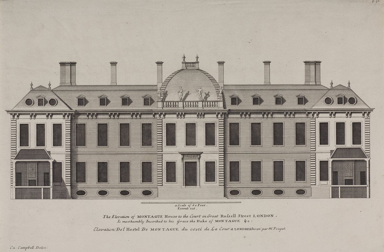 Ansicht von Montague House zum Hof der Great Russell Street, Holborn, um 1725 (Gravur) von Colen Campbell