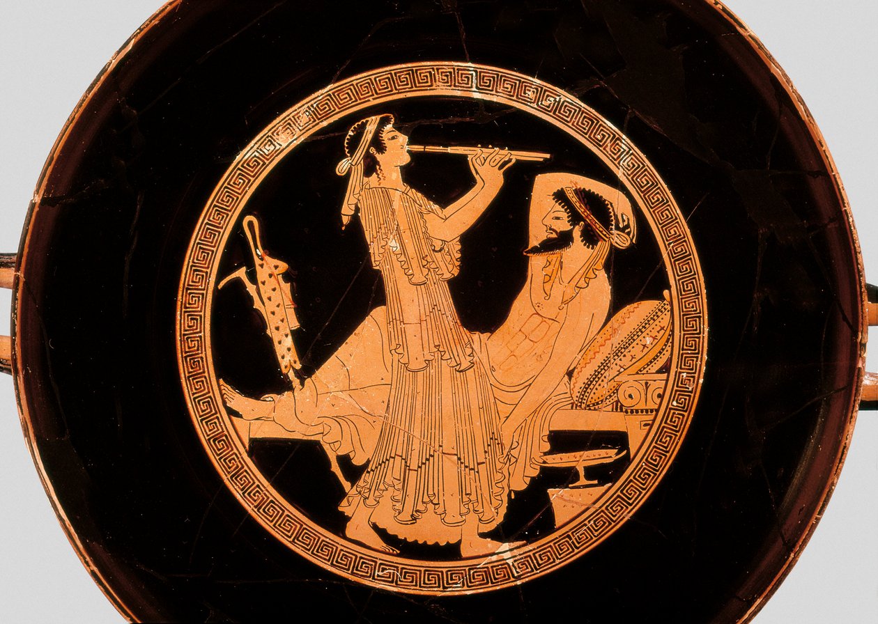 Bankett und Doppelflötenspieler, Detail von einer Kylix oder attischen rotfigurigen Schale, ca. 490 v. Chr. von Colmar Painter