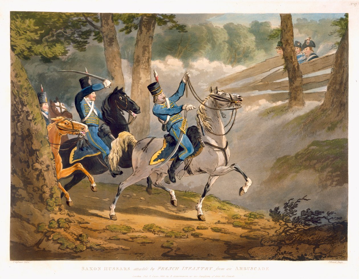 Sächsische Husaren von französischer Infanterie aus einem Hinterhalt angegriffen, aus 