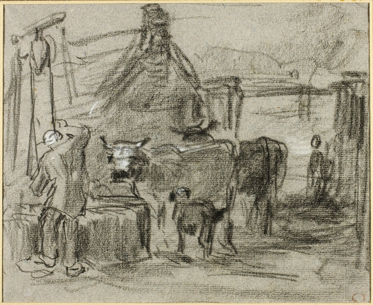 Bauernhof mit Mann und Vieh von Constant Troyon