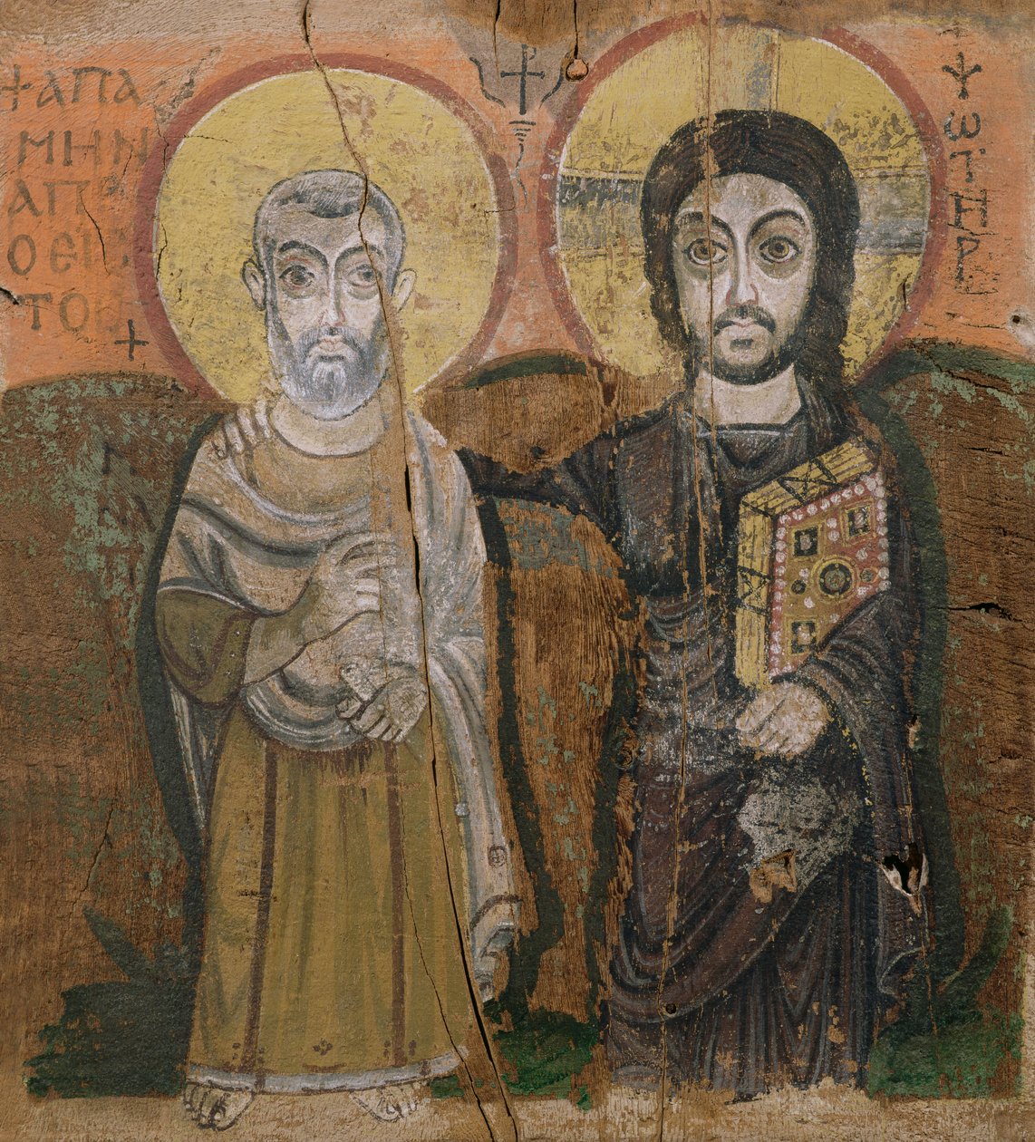 Ikone, die Abt Mena mit Christus darstellt, aus Baouit, 6.-7. Jahrhundert von Coptic