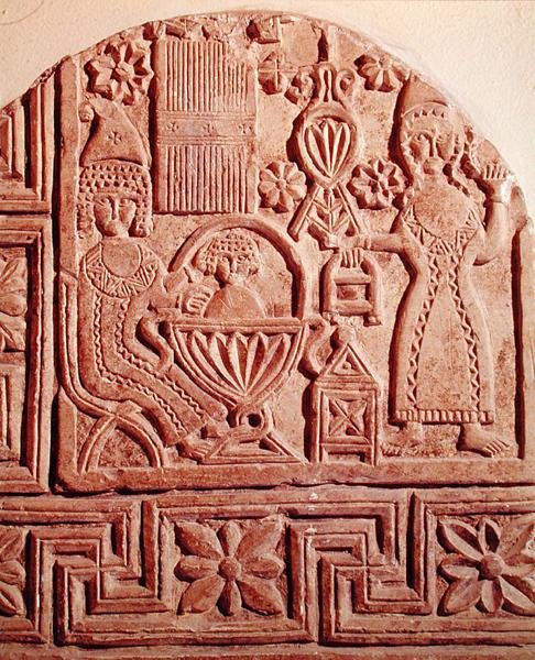 Stele, die das Baden des Jesuskindes darstellt von Coptic Coptic