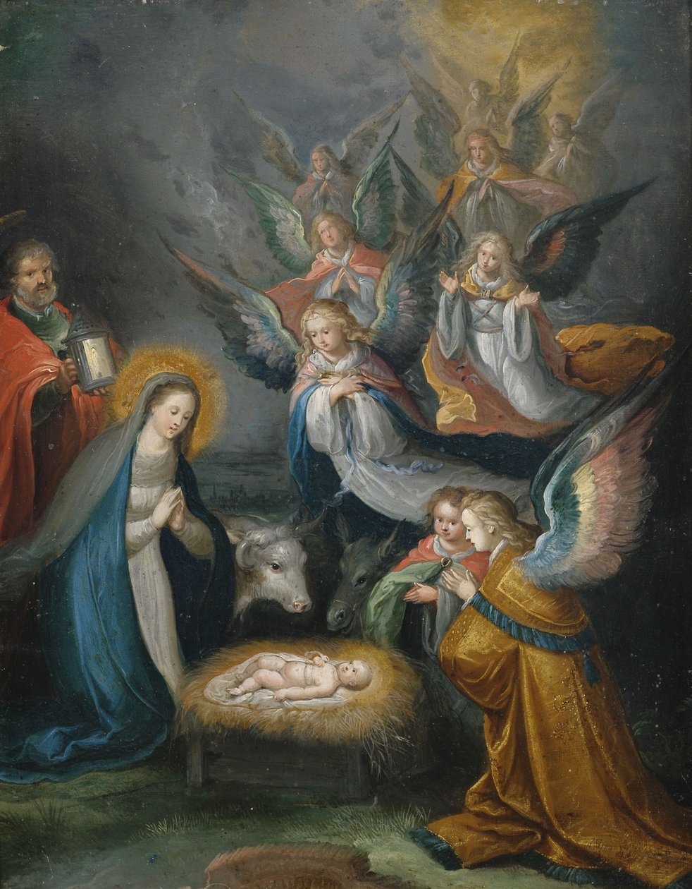 Die Heilige Familie mit Engeln in Anbetung des Kindes von Cornelis de Baellieur