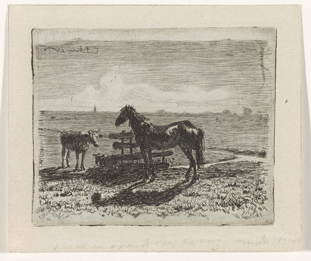 Weide mit einem Pferd und zwei Kühen von Cornelis Albertus Johannes Schermer