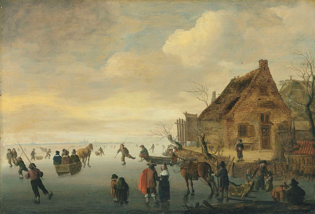 Winterlandschaft mit pferdegezogenen Schlitten und Figuren, die auf einem zugefrorenen See in einem ländlichen Dorf Schlittschuh laufen von Cornelis Beelt