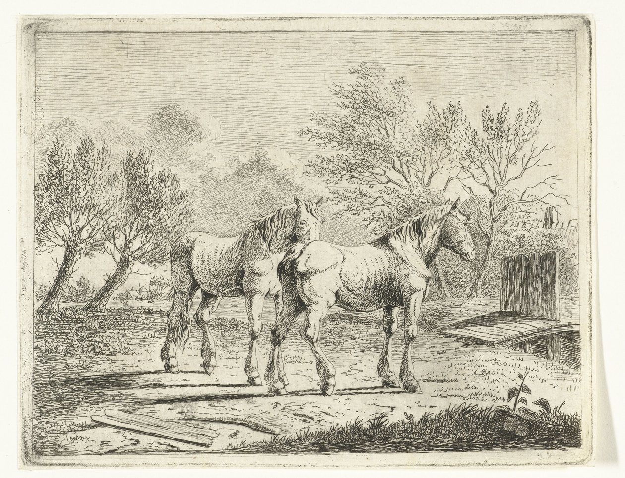 Weidelandschaft mit zwei Pferden bei Brücke und Bauernhof von Cornelis  Bisschop