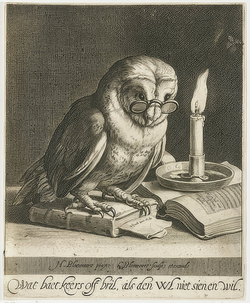 Eule mit Brille und Büchern von Cornelis Bloemaert