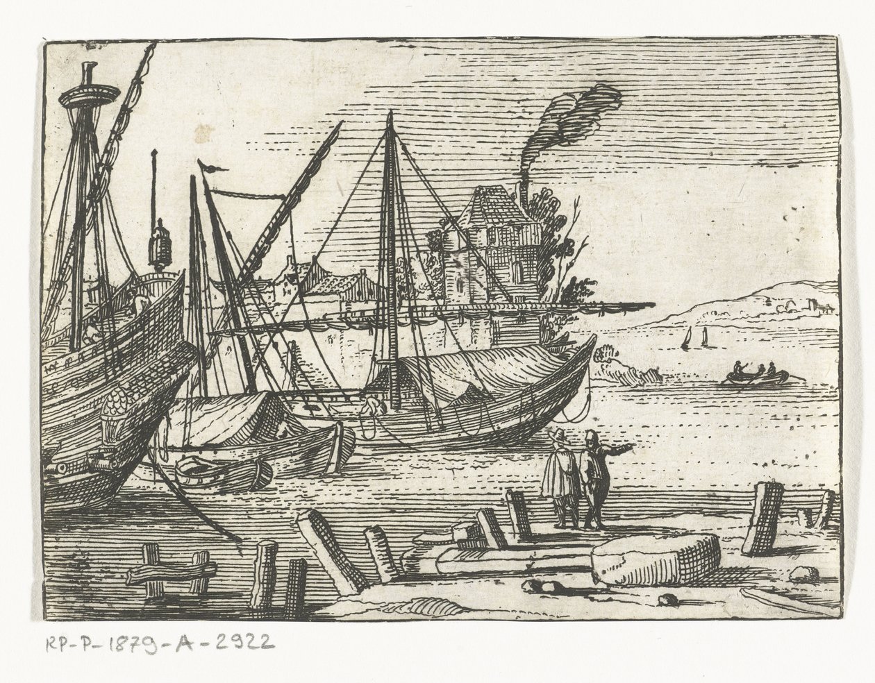 Hafenszene mit zwei Segelschiffen und einer Galeone, zwei Männer stehen auf dem Kai von Cornelis Bol (attributed to)