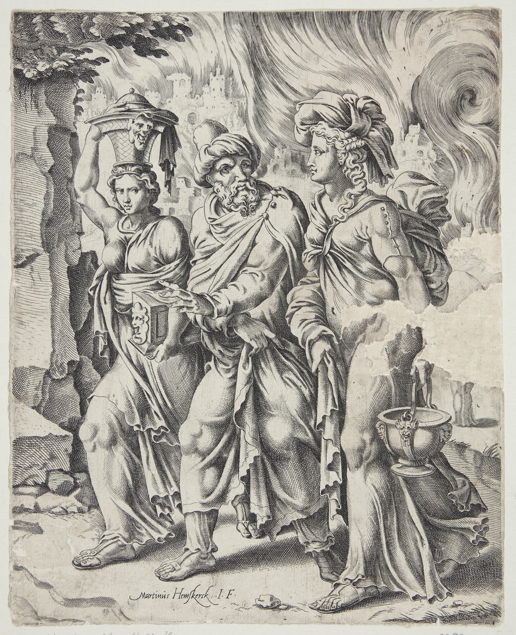 Lot und seine Töchter verlassen das brennende Sodom von Cornelis Bos